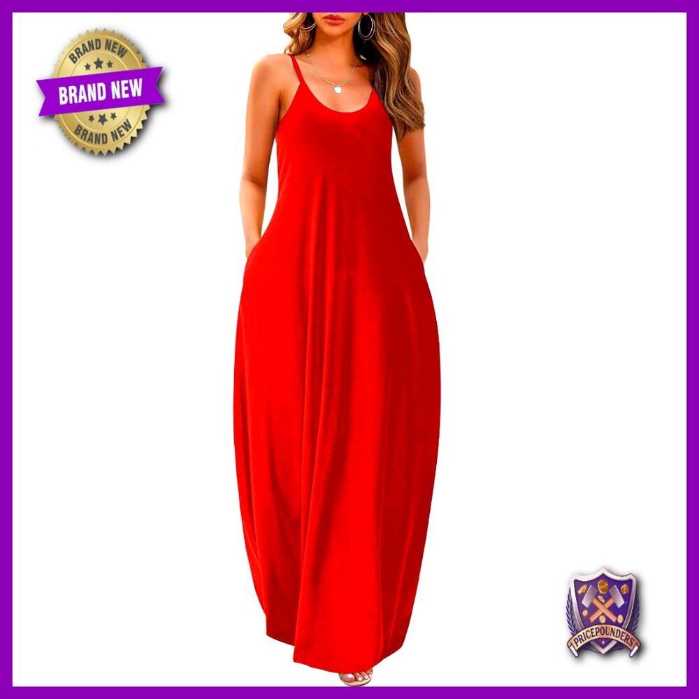 Maxi Dress with Pockets Loose Fit Adjustable Straps Casual Summer Beach Office